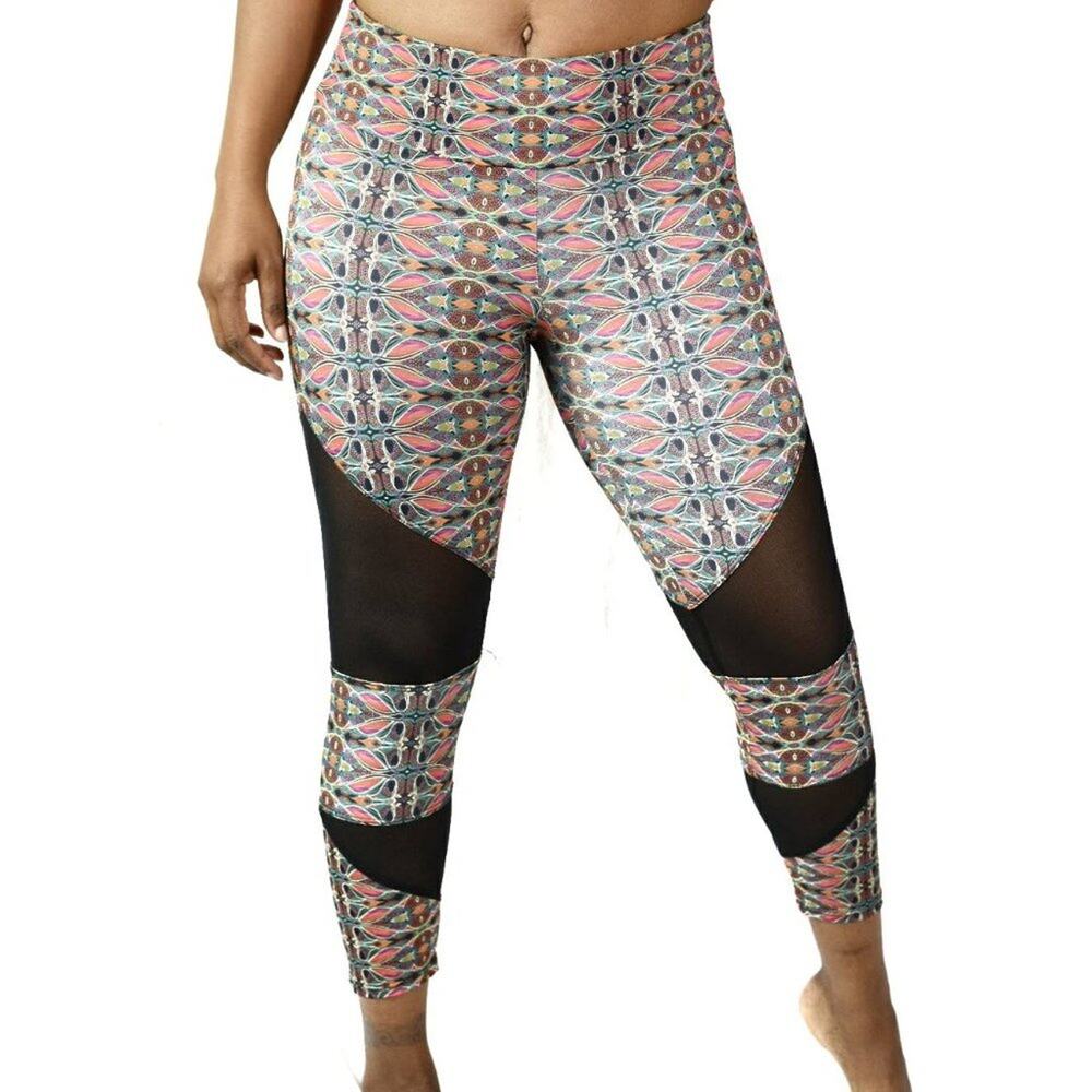 Onzie Leggings Mosaic Kaleidoscope Print Capri Mid Rise Sheer Active Size Medium
